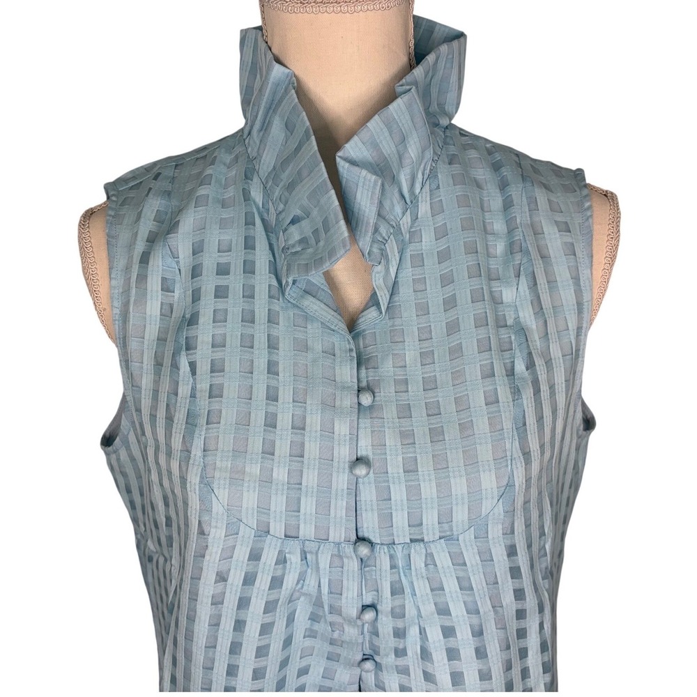 S'EDGE Blue Cotton Silk Ruffle Neck Sleeveless Shift Dress M - Picture 3 of 10
